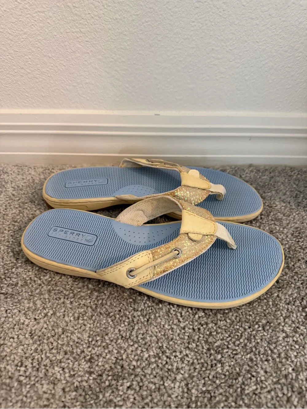 Sperry Light Blue Footbed with Gold Glitter Strap Flip Flops
